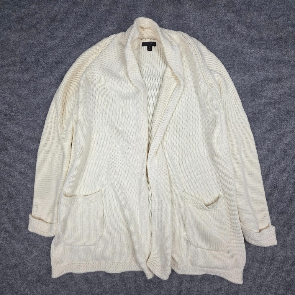 J CREW Long Open Cardigan Women's Small White-Cream Knit Wool Blend
